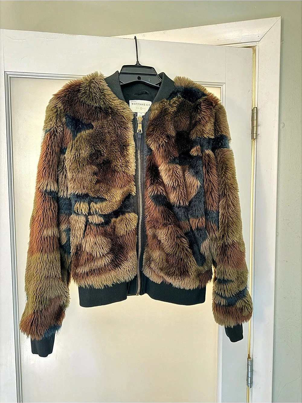 Marrakech Faux Fur Camo Bomber Jacket Sz Small
